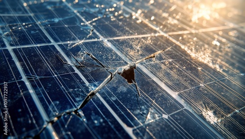 Cracked solar panel. Close-up of a broken solar panel surface with visible cracks, reflecting sunlight and damage details.
