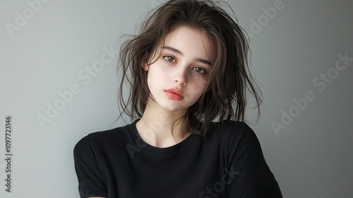 Natural Portrait of Young Woman with Soft Features and Casual Hair