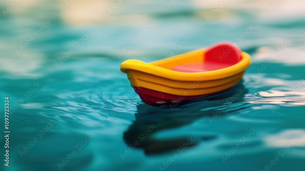 Colorful Toy Boat Floating on Teal Water Summer Fun Child s Play Imagination Colorful Toy Boat Floating on Teal Water Summer Fun Child s Play Imagination