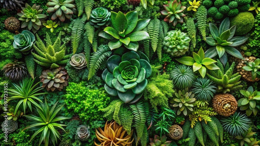 Fototapeta premium Lush Vertical Garden 3D Visualization: Dense Green Wall with Succulents and Ferns