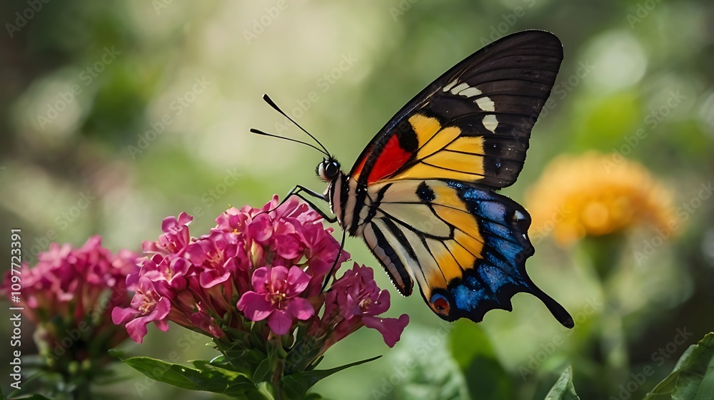 Colorful Butterfly Feeding on Pink Flowers