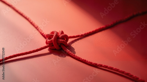 Red knot tied on fabric with soft shadows photo