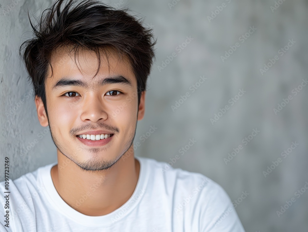 Young Man with Charming Smile Posing Against a Gray Wall Young Man with Charming Smile Posing Against a Gray Wall