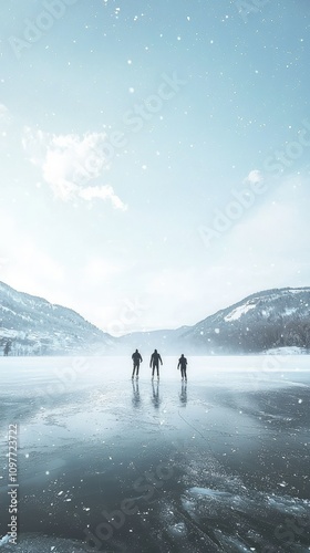 Three silhouetted individuals skating on a frozen lake surrounded by snow-capped mountains under a clear sky with soft clouds and falling snowflakes photo