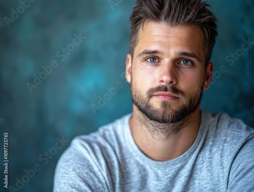 Thoughtful Young Man with Short Hair and Blue Eyes Against Background