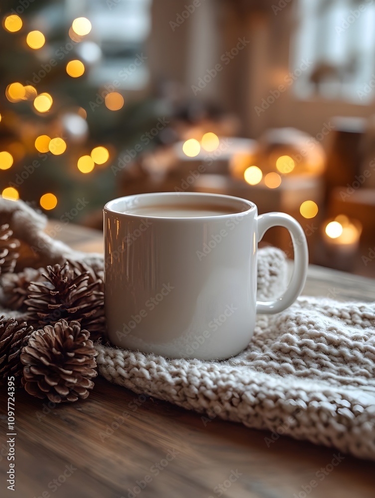 A white ceramic coffee mug on a wooden surface with pinecones and a softly lit Christmas tree in the background A white ceramic coffee mug on a wooden surface with pinecones and a softly lit Christmas tree in the background