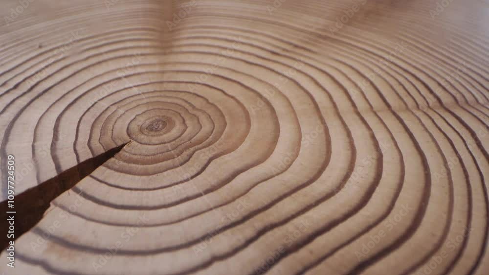 This close up shot of treerings was captured with a probe lens on a moving slider. A wood disk was spun while the camera captured the yearrings from the slider. This close up shot of treerings was captured with a probe lens on a moving slider. A wood disk was spun while the camera captured the yearrings from the slider.