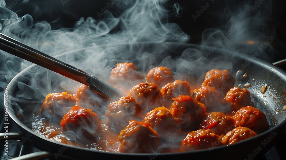 Meatballs cooked in a black pan and tongs Meatballs cooked in a black pan and tongs