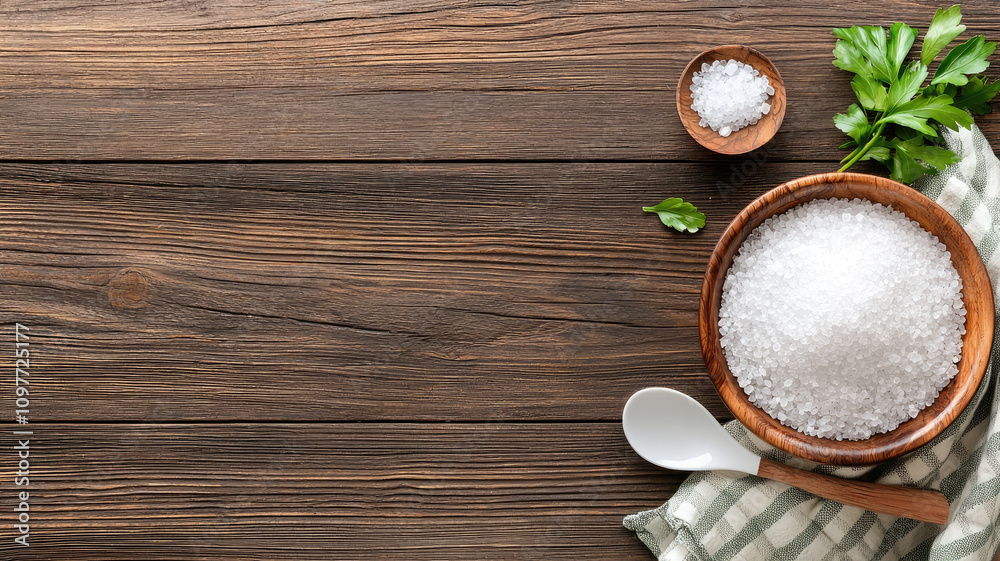 rustic wooden table with bowls of coarse sea salt and herbs rustic wooden table with bowls of coarse sea salt and herbs