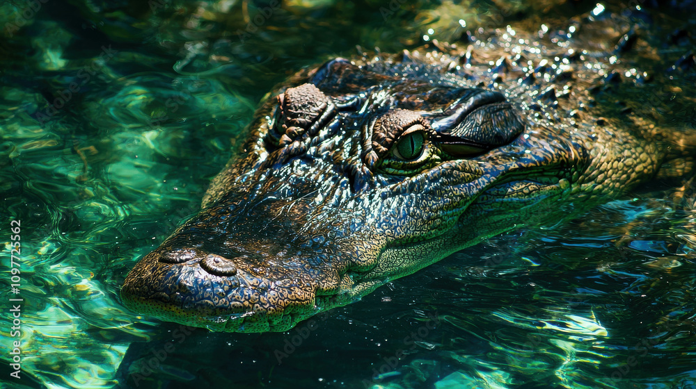 Obraz premium Massive Crocodile Partially Submerged in Deep Emerald Water Environment