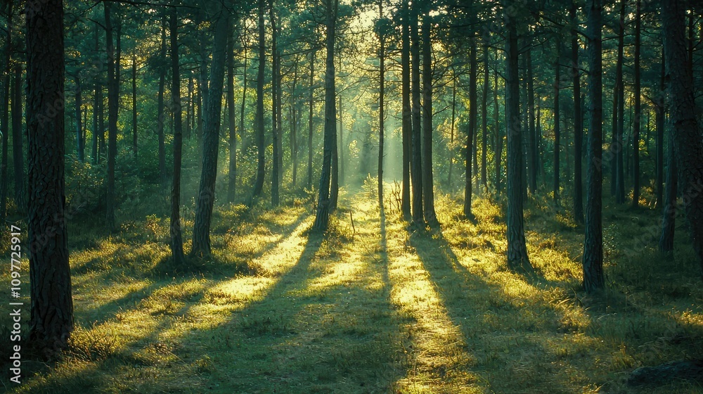 Fototapeta premium Ethereal Sunlight Filtering Through Dense Pine Trees in a Serene Forest Creating Playful Shadows and a Tranquil Atmosphere for Nature Lovers and Outdoor Enthusiasts