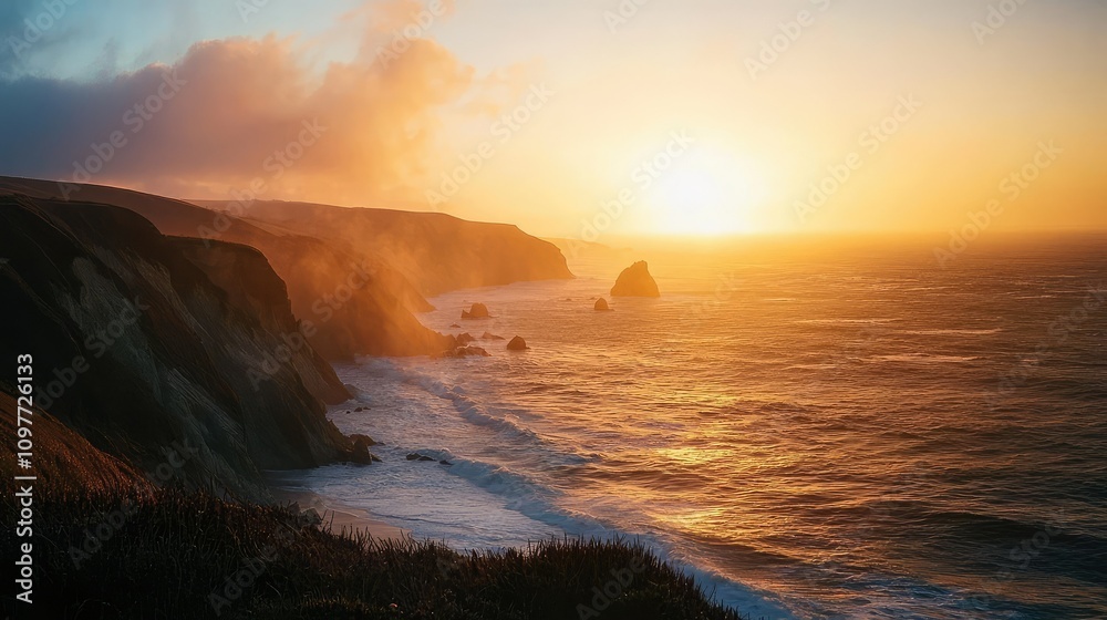 Serene Coastal Sunset Over Rugged Cliffs and Gentle Waves with Warm Golden Light and Soft Clouds Capturing the Beauty of Nature in the Evening Hour Serene Coastal Sunset Over Rugged Cliffs and Gentle Waves with Warm Golden Light and Soft Clouds Capturing the Beauty of Nature in the Evening Hour