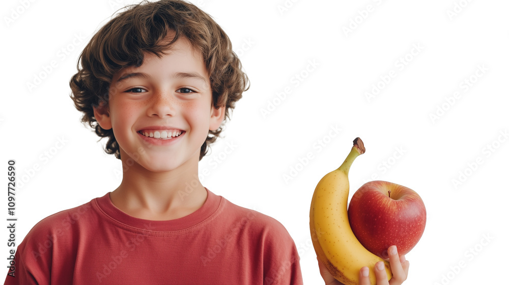 Studio shot of a smiling boy holding a fresh apple and banana on a transparent background. Healthy female nutrition concept. Isolated. Studio shot of a smiling boy holding a fresh apple and banana on a transparent background. Healthy female nutrition concept. Isolated.