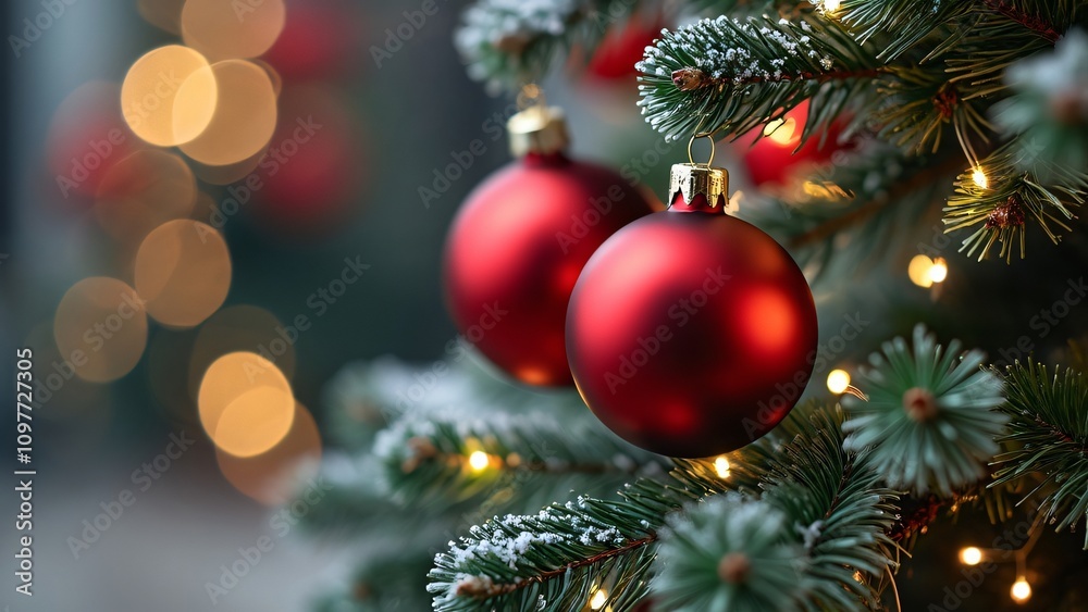 Obraz premium Close-up Red Christmas Ornaments on Green Pine Tree