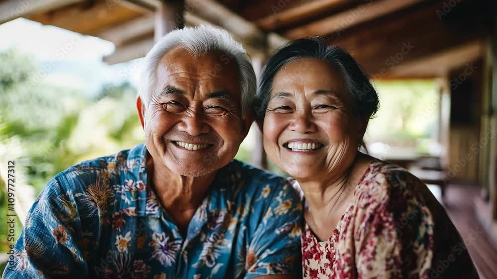 Happy Elderly Asian Couple Smiling on a Sunny Porch Happy Elderly Asian Couple Smiling on a Sunny Porch