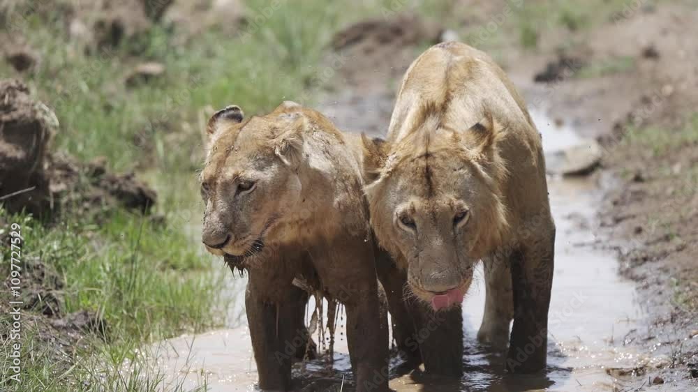 Slow motion shot of a young male lion and lioness sitting in a water puddle on a hot day in Masai mara Kenya Slow motion shot of a young male lion and lioness sitting in a water puddle on a hot day in Masai mara Kenya