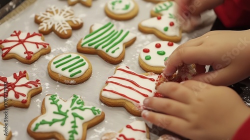 Decorated Christmas cookies being crafted by a child's hands during a festive holiday baking session