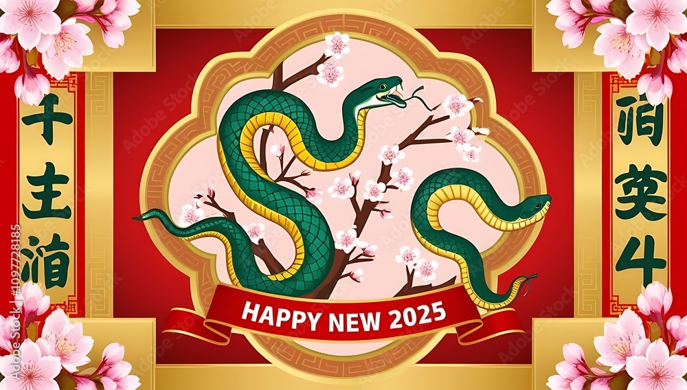 Obraz premium Happy New Year 2025 Snakes and Cherry Blossoms