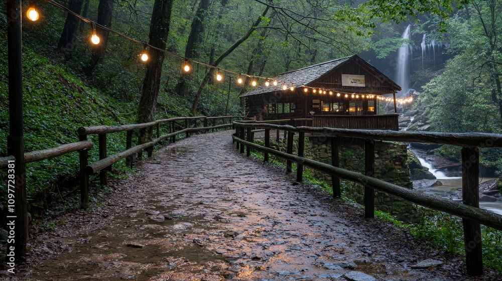 Cozy Cabin Waterfall String Lights Rainy Forest Path Cozy Cabin Waterfall String Lights Rainy Forest Path