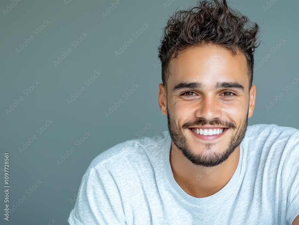 Obraz premium Young Man with Natural Smile and Curly Hair Against Gray Background