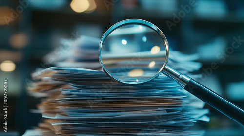 A magnifying glass reveals financial irregularities hidden in a pile of documents, highlighting secrecy and deception in a dimly lit office setting.