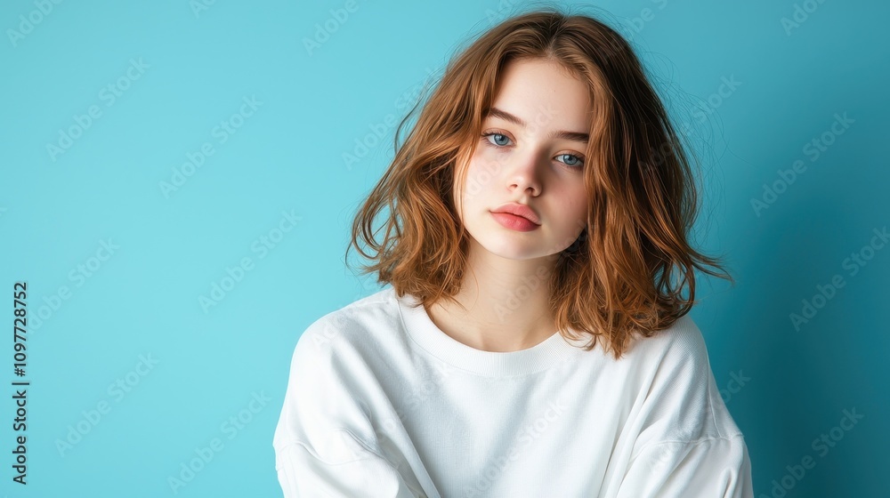 Young Woman with Wavy Hair Against a Solid Blue Background Young Woman with Wavy Hair Against a Solid Blue Background