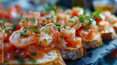 Delicious bruschetta with salmon and shrimp canap�s arranged on a table, ideal for a summer party, representing the catering concept. photo