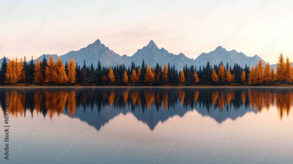 Obraz premium Serene Autumn Lake Reflection in the Alps Majestic Mountain Range Golden Larch Trees Pe