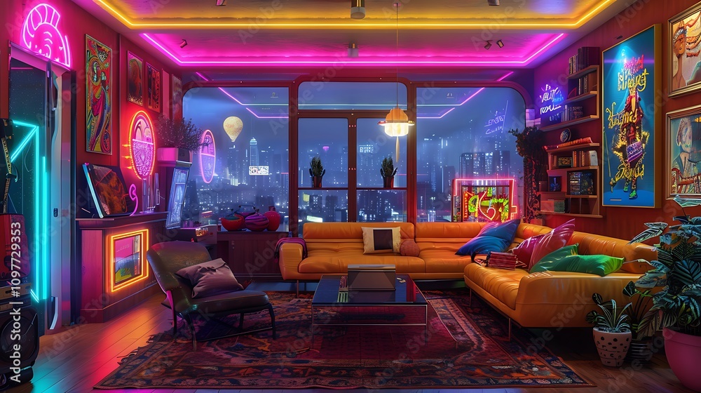 Obraz premium Modern living room interior at night with colorful neon lights