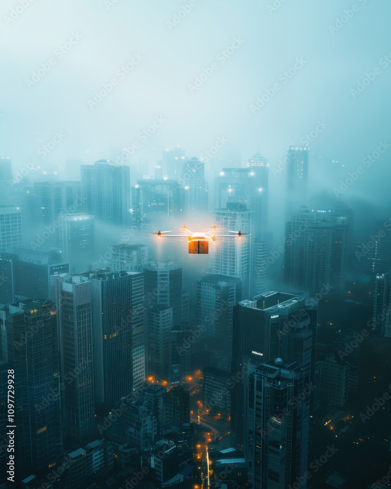 Delivery drone hovering over modern cityscape with glowing package symbolizing fast innovation Delivery drone hovering over modern cityscape with glowing package symbolizing fast innovation