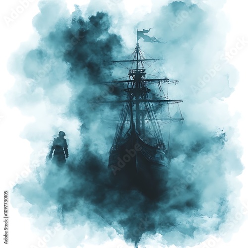 Mysterious pirate ship encounter foggy sea digital artwork enigmatic atmosphere wide viewpoint adventure concept photo