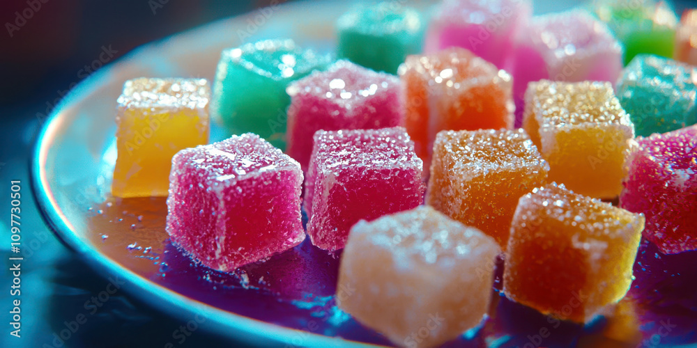 A plate of colorful candy cubes with a blue background A plate of colorful candy cubes with a blue background