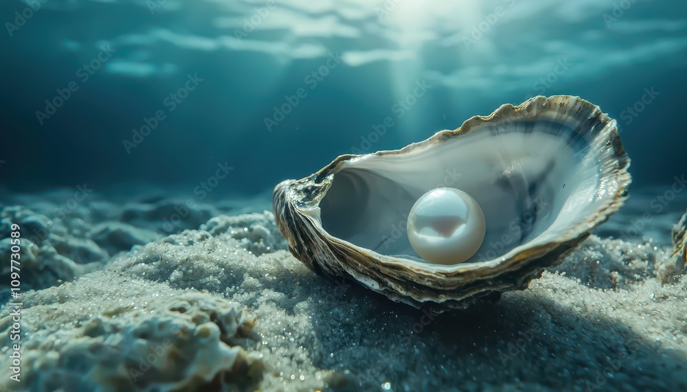 A serene underwater scene featuring an open oyster with a lustrous pearl resting on sandy ocean floor, illuminated by soft rays of light.