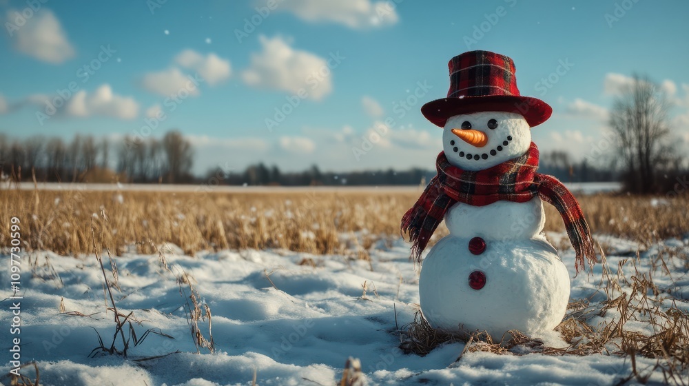 Obraz premium Funny snowman in stylish hat and red scalf on snowy field. Merry Christmass and happy New Year!