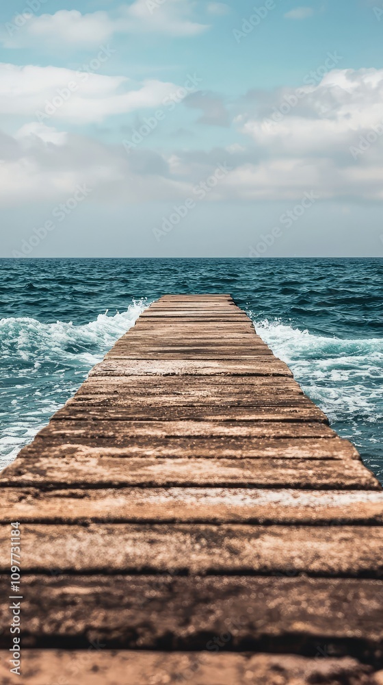 Serene and Inviting View of a Wooden Pier Extending into Calm Blue Waters Under a Bright Sky with Wispy Clouds for Peaceful Coastal Imagery Serene and Inviting View of a Wooden Pier Extending into Calm Blue Waters Under a Bright Sky with Wispy Clouds for Peaceful Coastal Imagery