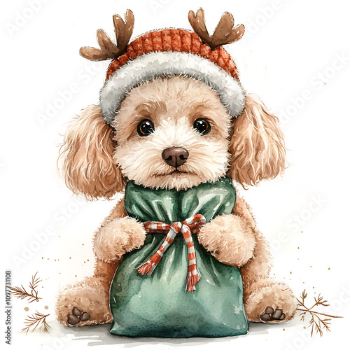 Cute poodle dog in reindeer hat holding green sack, exuding holiday cheer. Perfect for festive themes and pet lovers photo