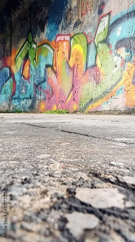 Colorful Graffiti on Urban Wall with Textures and Shadows Captured at Ground Level, Vibrant Street Art Adding Life to the Concrete Environment