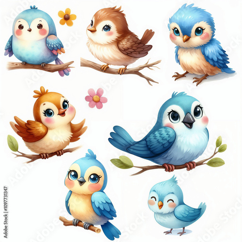 Cute cartoon birds with various colors and expressions on white background. AI