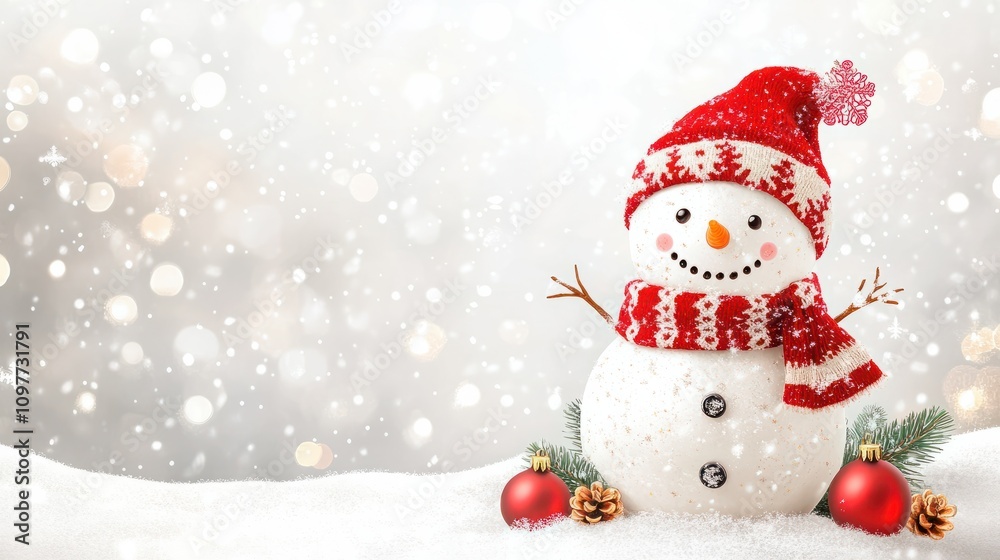 Happy snowman standing isolated on white background. Merry christmas and happy new year greeting card. Funny snowman in hat on snowy background. Copy space for text Happy snowman standing isolated on white background. Merry christmas and happy new year greeting card. Funny snowman in hat on snowy background. Copy space for text