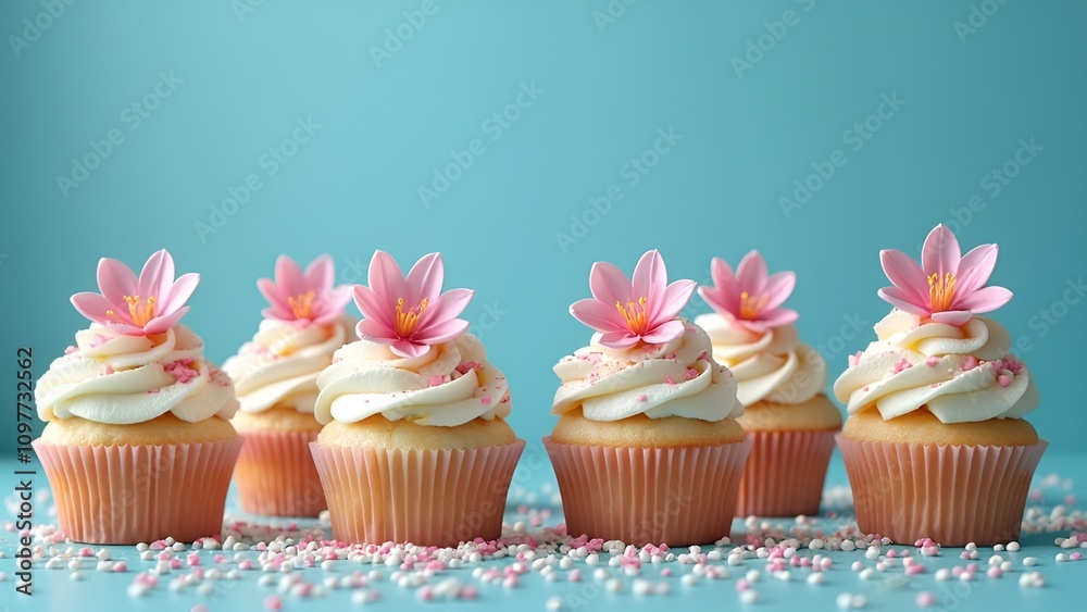 Festive cupcakes with spring flowers and sprinkles for a party. Generative AI. A place for your text. Blue background Festive cupcakes with spring flowers and sprinkles for a party. Generative AI. A place for your text. Blue background