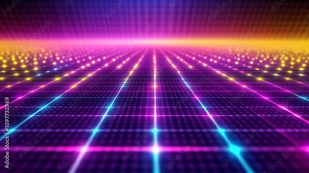Obraz premium A vibrant, digital grid with glowing lights in a gradient background, evoking a futuristic feel.