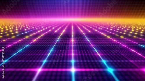 A vibrant, digital grid with glowing lights in a gradient background, evoking a futuristic feel.