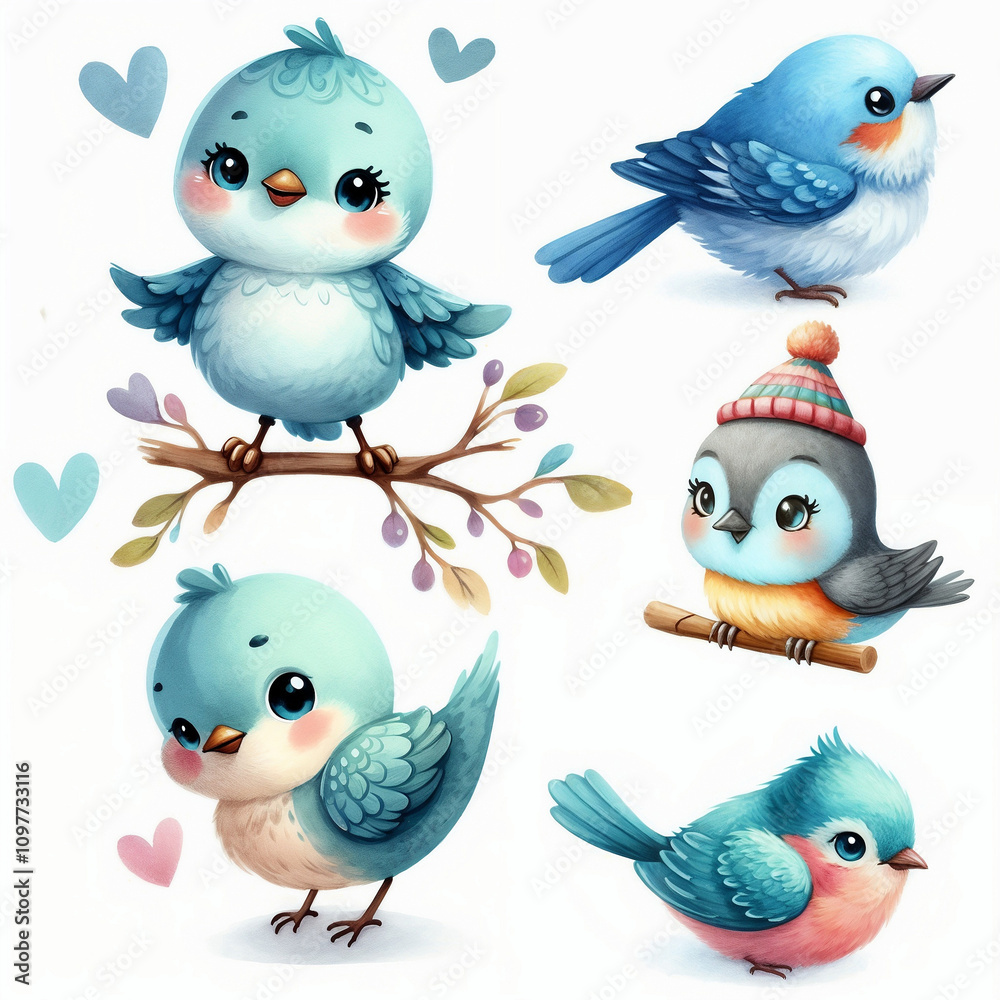 Fototapeta premium Cute cartoon birds with various colors and expressions on white background. AI