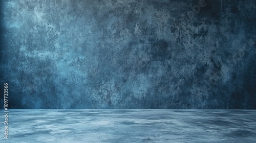 A textured blue wall and floor create a dramatic backdrop for artistic displays.