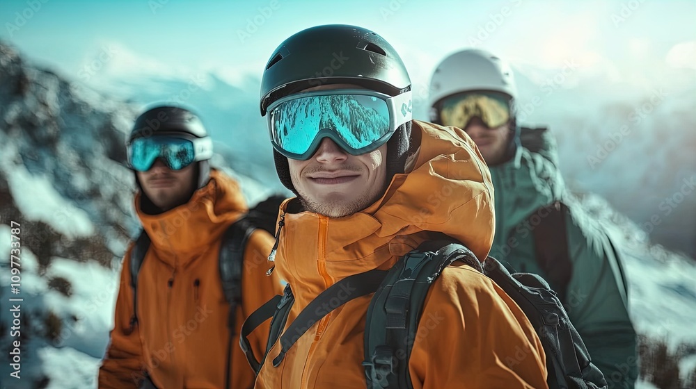 Vibrant Ski Adventure: Three Enthusiasts in Insulated Jackets on a Snowy Mountain - Perfect Poster for Sports Interiors and Winter Inspiration!