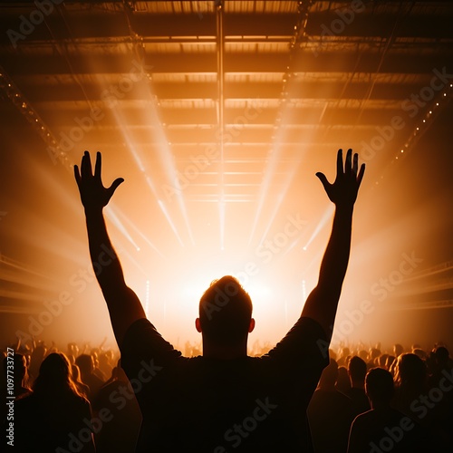 Enthusiastic concertgoer celebrating under stage lights photo