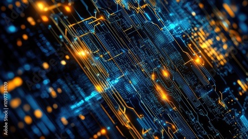 Abstract digital circuit board with glowing blue and orange lights, symbolizing technology and interconnectedness.