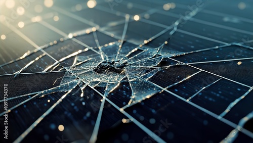 Damaged Solar Panel. Close-up of shattered glass on a solar panel, depicting damage, repair needs, and technology vulnerability. photo