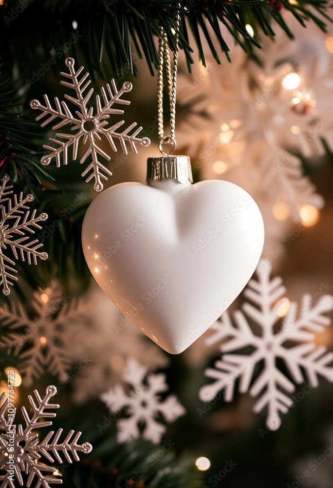 Obraz premium White Heart Christmas Ornament Snowflake Decor Festive Holiday Tree