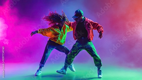 A young Black male and a young Hispanic female breakdancers perform dynamic moves in colorful neon lights. photo